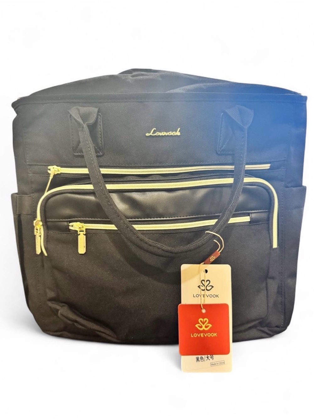 LOVEVOOK Black Travel Tote Bag with Gold Zippers